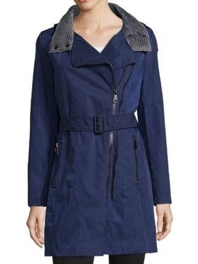 S💙 Marc New York Blue Belted Hooded Trench Rain Coat Asymmetrical Black Zippers